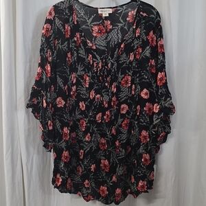 1X 2X Style Co Black Red Floral Hibiscus Crinkle Gauze Pintuck Boho Top Blouse